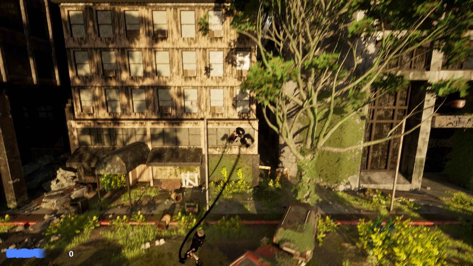 Two robots connected by a cable among overgrown ruins